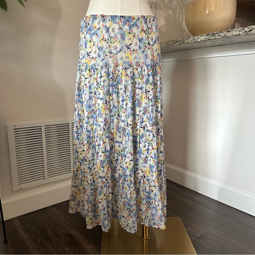 Chaps 100% Cotton Maxi Skirt, Baby Blue Floral Tiered Size M